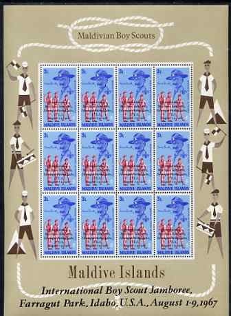 Maldive Islands 1968 First Anniversary of Scouts Jamboree opt on 3L value in complete sheetlet of 12 unmounted mint SG 285, stamps on scouts, stamps on music