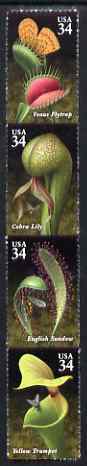 United States 2001 Carnivorour Plants strip of 4 self adhesive unmounted mint SG 4000a, stamps on plants, stamps on flowers, stamps on insects