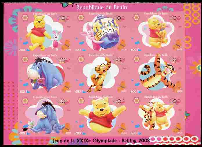 Benin 2009 Beijing Olympics #1 - Winnie the Pooh imperf sheetlet containing 9 values unmounted mint. Note this item is privately produced and is offered purely on its thematic appeal, stamps on olympics, stamps on disney, stamps on bears, stamps on honey, stamps on pigs, stamps on swine
