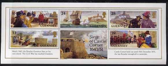 Guernsey 1993 350th Anniversar,y of Siege of Castle Cornet perf m/sheet unmounted mint, SG MS616, stamps on , stamps on  stamps on battles, stamps on  stamps on castles, stamps on  stamps on ships, stamps on  stamps on cannons