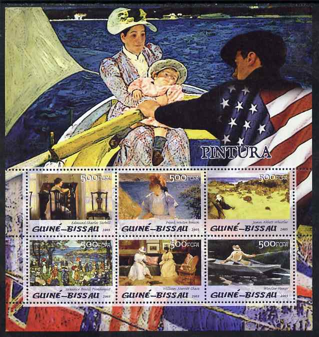 Guinea - Bissau 2005 Paintings by American Impressionists perf sheetlet containing 6 values unmounted mint Mi 3055-60, stamps on personalities, stamps on arts, stamps on americana