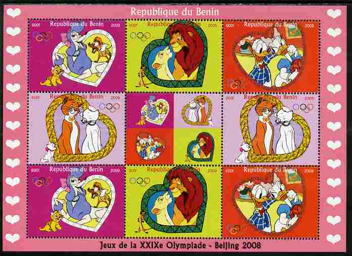 Benin 2009 Beijing Olympics #2 - Disney Characters perf sheetlet containing 8 values plus label unmounted mint, stamps on olympics, stamps on disney, stamps on lions, stamps on cats