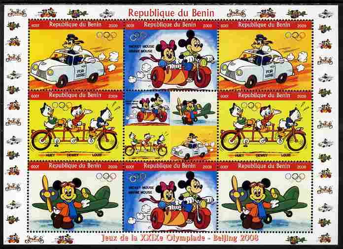 Benin 2009 Beijing Olympics #3 - Disney Characters (Transport) perf sheetlet containing 8 values plus label unmounted mint, stamps on olympics, stamps on disney, stamps on transport, stamps on aviation, stamps on bicycles, stamps on cars, stamps on motorbikes