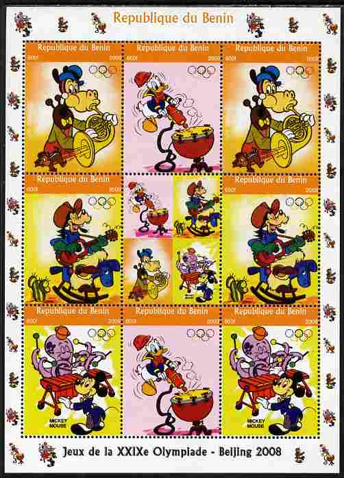 Benin 2009 Beijing Olympics #4 - Disney Characters (Music) perf sheetlet containing 8 values plus label unmounted mint, stamps on olympics, stamps on disney, stamps on music, stamps on cactus, stamps on cacti, stamps on 