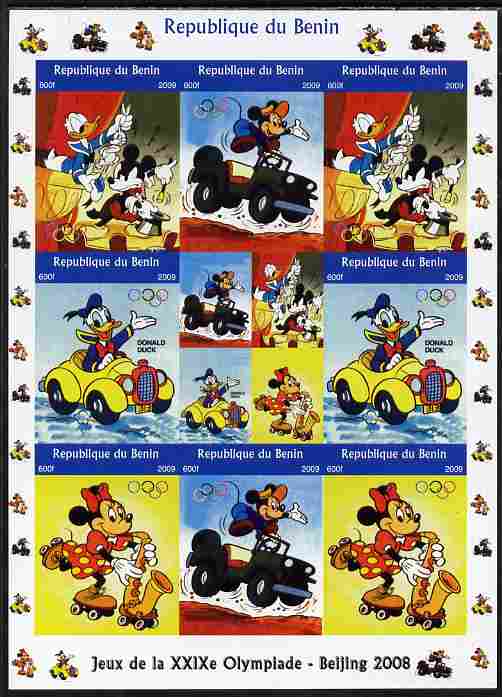 Benin 2009 Beijing Olympics #5 - Disney Characters (Mickey, Minnie & Donald) imperf sheetlet containing 8 values plus label unmounted mint, stamps on olympics, stamps on disney, stamps on music, stamps on cars, stamps on magic
