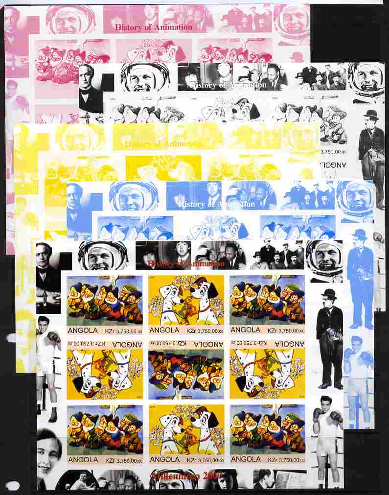 Angola 2000 Millennium 2000 - History of Animation #1 sheetlet containing 9 values in tete-beche format (Disney Characters with Elvis, Chaplin, Beatles, Gershwin, N Armstrong etc in margins) - the set of 5 imperf progressive proofs comprising the 4 individual colours plus all 4-colour composite, unmounted mint , stamps on millennium, stamps on entertainments, stamps on films, stamps on cinema, stamps on movies, stamps on disney, stamps on elvis, stamps on chaplin, stamps on apollo, stamps on composers, stamps on pops, stamps on beatles