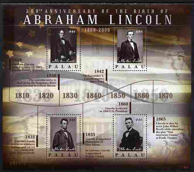 Palau 2010 200th Birth Anniversary of Abraham Lincoln perf sheetlet containing 4 values unmounted mint, stamps on personalities, stamps on lincoln, stamps on constitutions, stamps on usa presidents, stamps on americana, stamps on slavery, stamps on racism, stamps on theatres