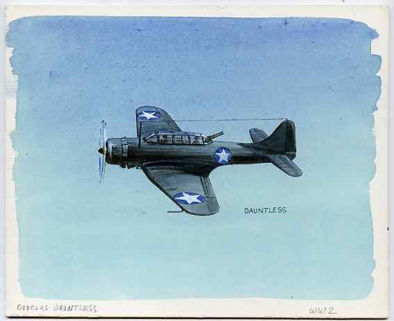 Eynhallow 1981 WW2 Aircraft (Dauntless) original artwork by R A Sherrington of the B L Kearley Studio, watercolour on board 180 x 150 mm plus issued perf sheetlet incorpo..., stamps on aviation, stamps on  ww2 , stamps on  raf , stamps on 