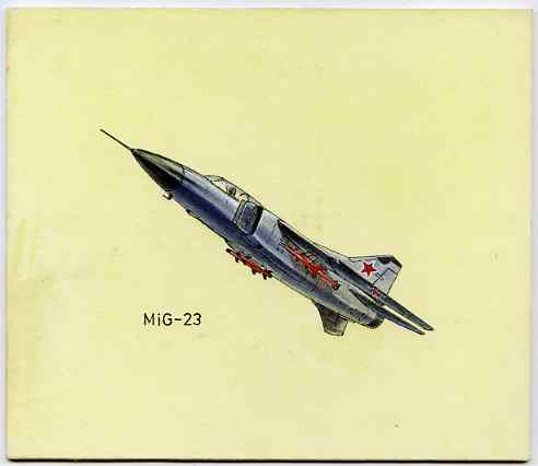 Bernera 1982 Aircraft #14 (MIG-23) original artwork by R A Sherrington of the B L Kearley Studio, watercolour on board 160 x 135 mm plus issued perf sheetlet incorporatin..., stamps on aviation, stamps on  ww2 , stamps on 
