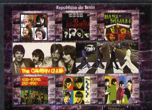Benin 2009 The Beatles (The Cavern Club) perf sheetlet containing set of 6 values plus 3 labels unmounted mint. Note this item is privately produced and is offered purely..., stamps on personalities, stamps on entertainments, stamps on music, stamps on pops, stamps on beatles, stamps on rock