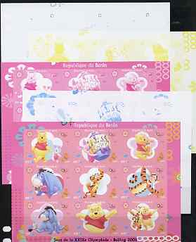 Benin 2009 Beijing Olympics #1 - Winnie the Pooh imperf sheetlet containing 9 values, the set of 5 progressive proofs comprising the 4 individual colours plus all 4-colou..., stamps on olympics, stamps on disney, stamps on bears, stamps on honey, stamps on pigs, stamps on swine