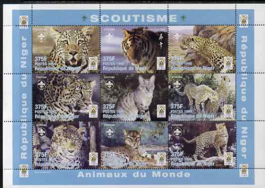 Niger Republic 1998 Animals of the World - Big Cats perf sheetlet containing 9 values (each with Scouts Logo) unmounted mint. Note this item is privately produced and is offered purely on its thematic appeal, stamps on animals, stamps on cats, stamps on scouts