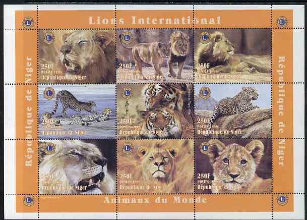 Niger Republic 1998 Animals of the World - Big Cats perf sheetlet containing 9 values (each with Lions Int Logo) unmounted mint. Note this item is privately produced and ..., stamps on animals, stamps on cats, stamps on lions int