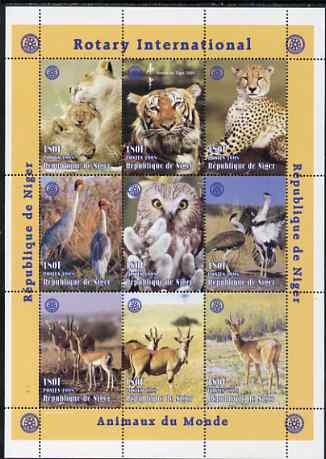 Niger Republic 1998 Animals of the World perf sheetlet containing 9 values (each with Rotary Logo) unmounted mint. Note this item is privately produced and is offered pur..., stamps on animals, stamps on cats, stamps on rotary, stamps on birds, stamps on owls, stamps on birds of prey, stamps on 
