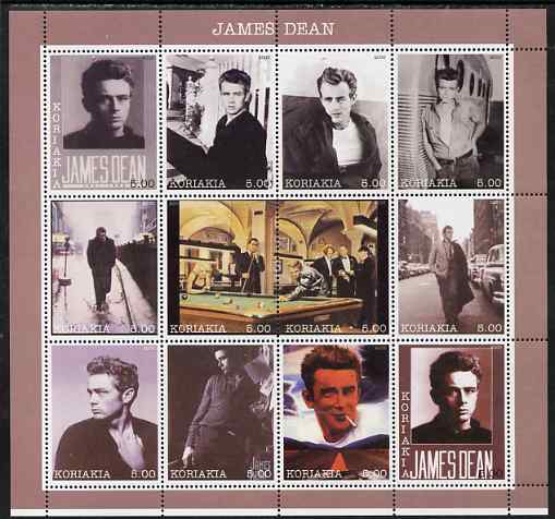 Koriakia Republic 2000 James Dean perf sheetlet containing 12 values unmounted mint, stamps on , stamps on  stamps on personalities, stamps on  stamps on films, stamps on  stamps on cinema, stamps on  stamps on movies, stamps on  stamps on dean, stamps on  stamps on snooker, stamps on  stamps on pool, stamps on  stamps on 