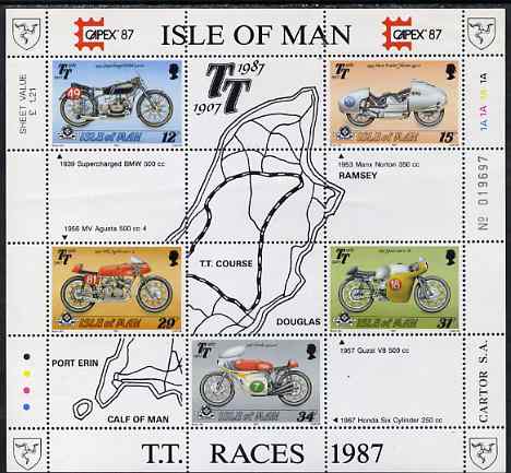 Isle of Man 1987 80th Anniversary of TT Motorcycle Racing m/sheet (with Capex 87 imprint) unmounted mint, SG MS 353, stamps on motorbikes, stamps on stamp exhibitions