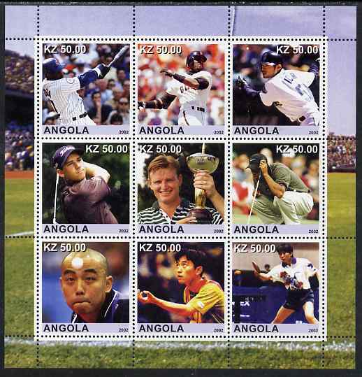 Angola 2002 Sports (Baseball, Golf & Table Tennis) perf sheetlet containing 9 values unmounted mint. Note this item is privately produced and is offered purely on its thematic appeal, stamps on sport, stamps on golf, stamps on baseball, stamps on table tennis