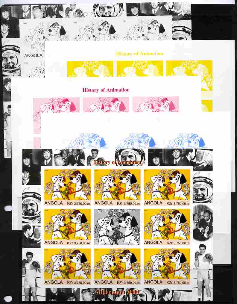 Angola 2000 Millennium 2000 - History of Animation #2 sheetlet containing 8 values plus label (Disney 101 Dalmations with Elvis, Beatles, Gershwin, N Armstrong etc in margins) - the set of 5 imperf progressive proofs comprising the 4 individual colours plus all 4-colour composite, unmounted mint , stamps on millennium, stamps on entertainments, stamps on films, stamps on cinema, stamps on movies, stamps on disney, stamps on elvis, stamps on apollo, stamps on composers, stamps on pops, stamps on dogs, stamps on boxing, stamps on beatles