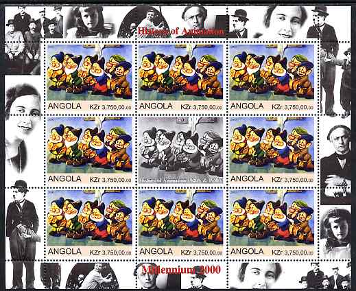 Angola 2000 Millennium 2000 - History of Animation #3 perf sheetlet containing 8 values plus label (the 7 Dwarfs) unmounted mint. Note this item is privately produced and is offered purely on its thematic appeal (with Chaplin, Babe Ruth etc in margins), stamps on millennium, stamps on entertainments, stamps on films, stamps on cinema, stamps on movies, stamps on disney, stamps on chaplin, stamps on baseball