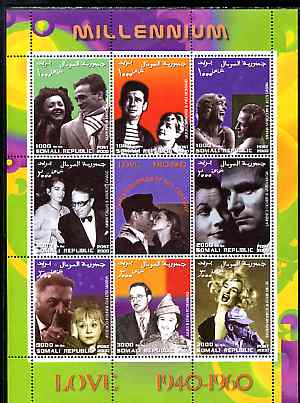 Somalia 2000 Love 1940-50 (Personalities) perf sheetlet containing set of 8 values plus label unmounted mint, stamps on personalities, stamps on women, stamps on films, stamps on cinenma, stamps on movies