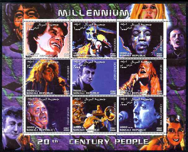 Somalia 2000 Millennium - 20th Century People #2 perf sheetlet containing set of 9 values unmounted mint. Note this item is privately produced and is offered purely on it..., stamps on personalities, stamps on music, stamps on sinatra, stamps on jazz, stamps on beatles, stamps on stones, stamps on hendrix, stamps on 