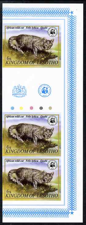 Lesotho 1981 WWF - Wild Cat 6s imperf gutter strip of 3 unmounted mint, only about 20 strips believed to exist, SG 468, stamps on animals, stamps on cats, stamps on , stamps on  wwf , stamps on 