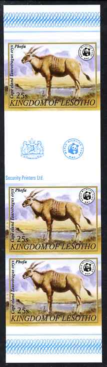 Lesotho 1981 WWF - Eland - Oryx 25s imperf gutter strip of 3 unmounted mint, only about 20 strips believed to exist, SG 470, stamps on animals, stamps on bovine, stamps on  wwf , stamps on 