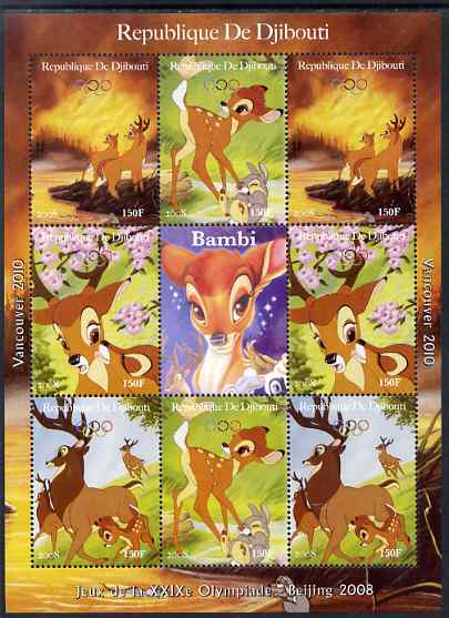 Djibouti 2008 Beijing & Vancouver Olympics - Disney - Bambi perf sheetlet containing 8 values plus label unmounted mint. Note this item is privately produced and is offered purely on its thematic appeal, stamps on olympics, stamps on disney, stamps on cartoons, stamps on films, stamps on cinema, stamps on movies, stamps on fairy tales, stamps on deer