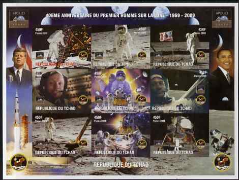 Chad 2009 40th Anniversary of Moon Landing imperf sheetlet containing 9 values unmounted mint. Note this item is privately produced and is offered purely on its thematic ..., stamps on personalities, stamps on space, stamps on apollo, stamps on kennedy, stamps on obama, stamps on usa presidents, stamps on flags, stamps on rockets