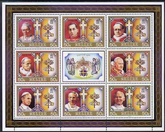 Belize 1986 Easter - 320th Century Popes perf sheetlet containing 8 values plus label unmounted mint SG 896-903, stamps on , stamps on  stamps on personalities, stamps on  stamps on popes, stamps on  stamps on religion