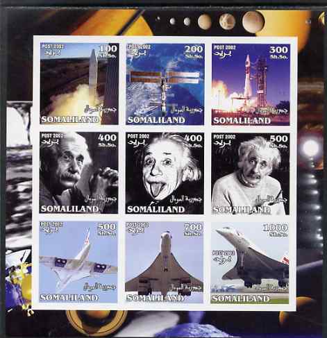 Somaliland 2002 Space, Einstein & Concorde imperf sheetlet containing set of 9 values unmounted mint. Note this item is privately produced and is offered purely on its th..., stamps on aviation, stamps on concorde, stamps on space, stamps on rockets, stamps on satellites, stamps on einstein, stamps on personalities, stamps on physics, stamps on nobel, stamps on judaica, stamps on science, stamps on personalities, stamps on einstein, stamps on science, stamps on physics, stamps on nobel, stamps on maths, stamps on space, stamps on judaica, stamps on atomics