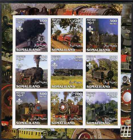 Somaliland 2002 Steam Trains #1 imperf sheetlet containing set of 9 values each with Scout Logo unmounted mint. Note this item is privately produced and is offered purely on its thematic appeal, stamps on railways, stamps on scouts