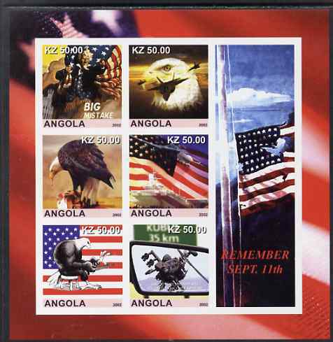 Angola 2002 Remember September 11th imperf sheetlet containing 6 values plus 3 labels, unmounted mint. Note this item is privately produced and is offered purely on its thematic appeal, stamps on , stamps on  stamps on flags, stamps on  stamps on disasters, stamps on  stamps on eagles, stamps on  stamps on birds of prey, stamps on  stamps on aviation, stamps on  stamps on americana, stamps on  stamps on ships, stamps on  stamps on flat tops