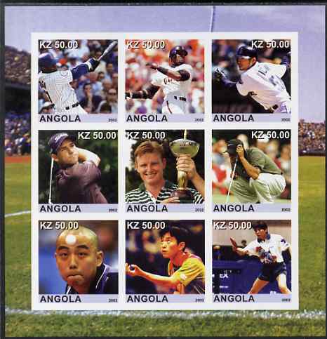 Angola 2002 Sports (Baseball, Golf & Table Tennis) imperf sheetlet containing 9 values unmounted mint, stamps on , stamps on  stamps on sport, stamps on  stamps on golf, stamps on  stamps on baseball, stamps on  stamps on table tennis