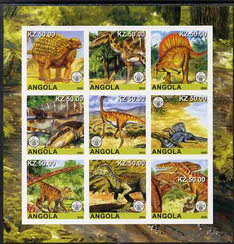 Angola 2002 Dinosaurs imperf sheetlet containing 9 values each with Scouts Logo unmounted mint. Note this item is privately produced and is offered purely on its thematic..., stamps on dinosaurs, stamps on scouts