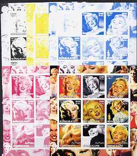 Somaliland 2002 Marilyn Monroe #1 sheetlet containing 9 values - the set of 5 imperf progressive proofs comprising the 4 individual colours plus all 4-colour composite, unmounted mint , stamps on films, stamps on cinema, stamps on entertainments, stamps on women, stamps on personalities, stamps on marilyn, stamps on monroe, stamps on 