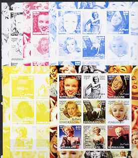 Somaliland 2002 Marilyn Monroe #2 sheetlet containing 9 values - the set of 5 imperf progressive proofs comprising the 4 individual colours plus all 4-colour composite, unmounted mint , stamps on films, stamps on cinema, stamps on entertainments, stamps on women, stamps on personalities, stamps on marilyn, stamps on monroe, stamps on 