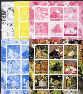Congo 2002 Domestic Cats sheetlet containing 9 values - the set of 5 imperf progressive proofs comprising the 4 individual colours plus all 4-colour composite, unmounted mint , stamps on cats