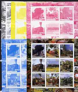 Somaliland 2002 Steam Trains #1 sheetlet containing set of 9 values each with Scout Logo - the set of 5 imperf progressive proofs comprising the 4 individual colours plus all 4-colour composite, unmounted mint , stamps on railways, stamps on scouts