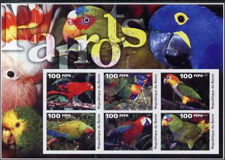 Benin 2003 Parrots large imperf sheetlet containing set of 6 values unmounted mint, stamps on , stamps on  stamps on birds, stamps on  stamps on parrots