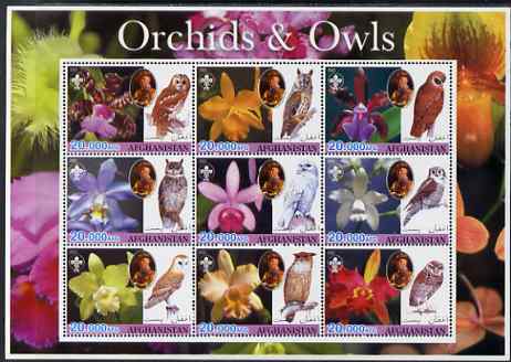 Afghanistan 2003 Orchids & Owls (with baden Powell) perf sheetlet containing set of 9 values unmounted mint. Note this item is privately produced and is offered purely on..., stamps on flowers, stamps on orchids, stamps on birds, stamps on scouts, stamps on birds of prey, stamps on 