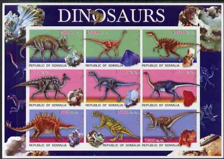 Somalia 2003 Dinosaurs & Minerals imperf sheetlet containing 9 values unmounted mint. Note this item is privately produced and is offered purely on its thematic appeal, stamps on dinosaurs, stamps on minerals