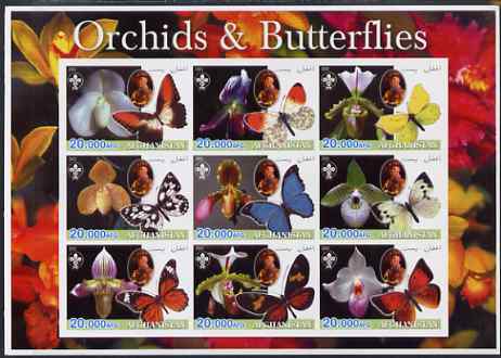 Afghanistan 2003 Orchids & Butterflies (with baden Powell) imperf sheetlet containing 9 values unmounted mint. Note this item is privately produced and is offered purely ..., stamps on flowers, stamps on orchids, stamps on butterflies, stamps on scouts, stamps on 