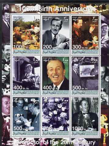 Somaliland 2001 Birth Centenary of Walt Disney perf sheetlet containing set of 9 values unmounted mint. Note this item is privately produced and is offered purely on its thematic appeal, stamps on , stamps on  stamps on personalities, stamps on  stamps on disney, stamps on  stamps on films, stamps on  stamps on cinema, stamps on  stamps on movies, stamps on  stamps on 