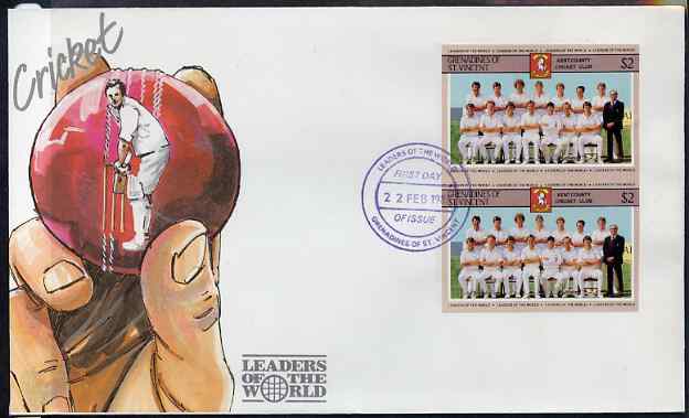 St Vincent - Grenadines 1985 Cricketers #3 - $2 Kent Team - imperforate pair on illustrated cover with first day cancellation, as SG 368 very few imperfs are known on cover, stamps on cricket, stamps on sport