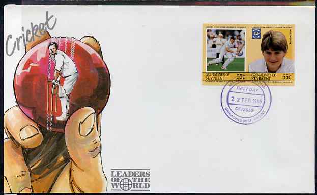 St Vincent - Grenadines 1985 Cricketers #3 - 55c M D Moxon - imperforate se-tenant pair on illustrated cover with first day cancellation, as SG 364a very few imperfs are known on cover, stamps on cricket, stamps on sport