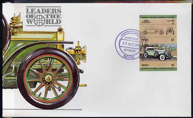 Nevis 1984 Cars #2 (Leaders of the World) $3 Pierce Arrow - imperforate se-tenant pair on illustrated cover with first day cancellation, as SG 209a very few imperfs are known on cover, stamps on , stamps on  stamps on cars