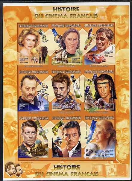 Madagascar 1999 French Cinema Stars imperf sheetlet containing complete set of 9 values unmounted mint, stamps on films, stamps on cinema, stamps on entertainments, stamps on motorbikes, stamps on satellites, stamps on railways, stamps on elephants, stamps on columbus, stamps on dolphins, stamps on apes, stamps on seals, stamps on cars