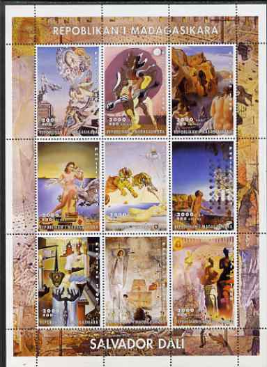 Madagascar 2000 Paintings by Salvador Dali perf sheetlet containing complete set of 9 values unmounted mint, stamps on dali, stamps on arts