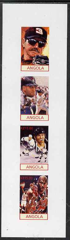 Angola 2001 American Sports Stars imperf sheetlet containing 4 values (Nascar, Baseball, Ice Hockey & Basketball) unmounted mint, stamps on personalities, stamps on sport, stamps on cars, stamps on racing cars, stamps on basketball, stamps on baseball, stamps on ice hockey